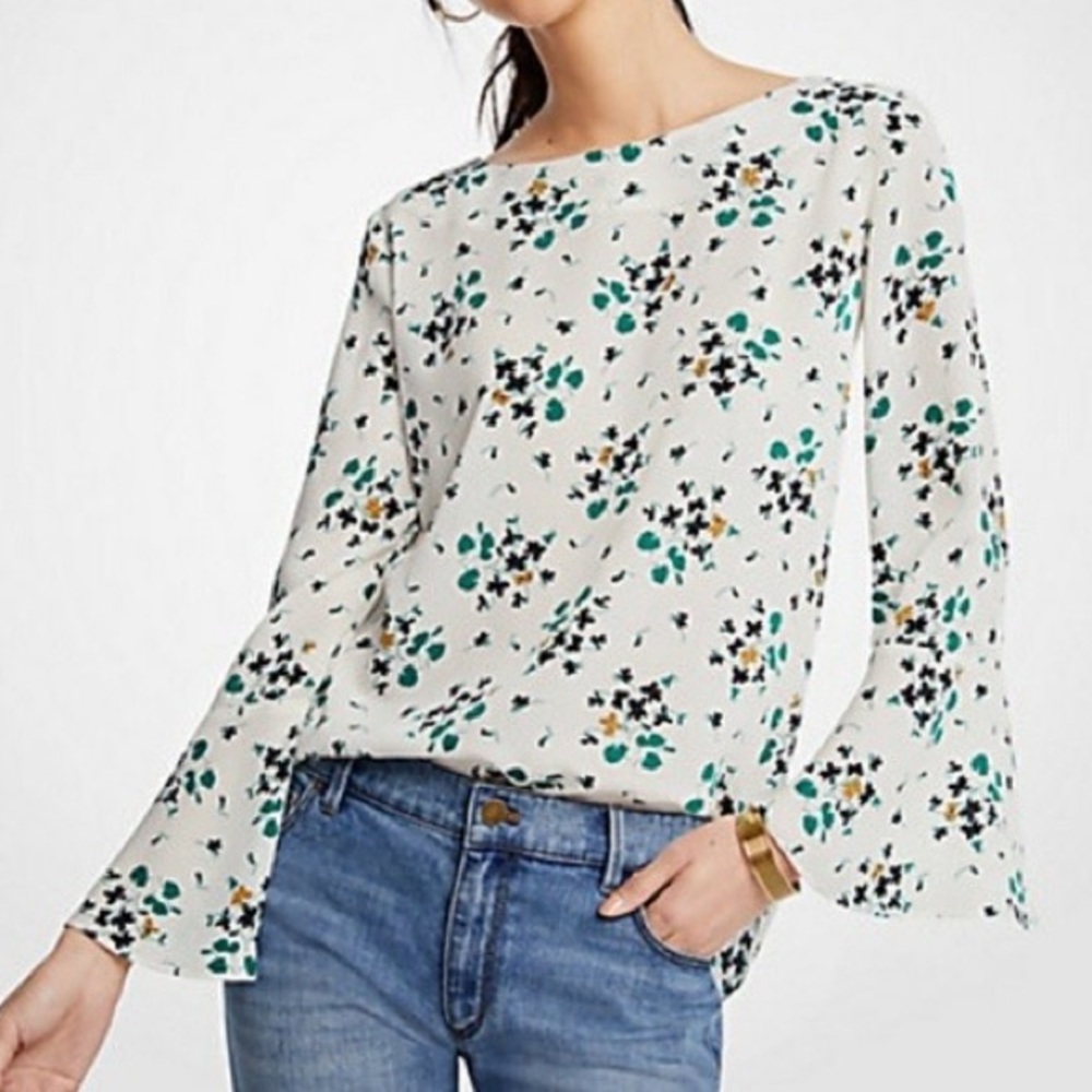 Ann Taylor BOATNECK FLORAL BELL SLEEVE TOP Size L